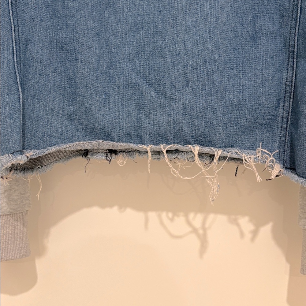 [Thrill Jeans] Distressed Hooded Sweatshirt Button-Up Denim Jacket Women’s Sz M - Picture 10 of 14